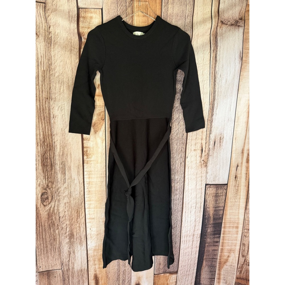 Eliza J Sweater Knit Midi‎ Dress Tie Waist Long Sleeve Black Classic Work Medium